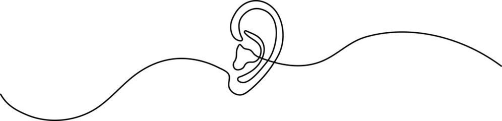Continuous one-line drawing of a minimal ear icon. Minimalist medical symbol for hearing and audiology. Simple black line art on a white background.