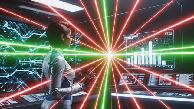 Futuristic control room holographic display data visualization female operator red laser grid touchscreen interface circuit pattern technology sci fi analysis futuristic interface holographic female