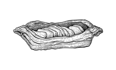 Vector illustration of apple puff pastry in boat shape. A hand drawn sketch of bakery made from flaky layered dough with fruit filling. Sweet pastries for breakfast. Menu design element. Side view