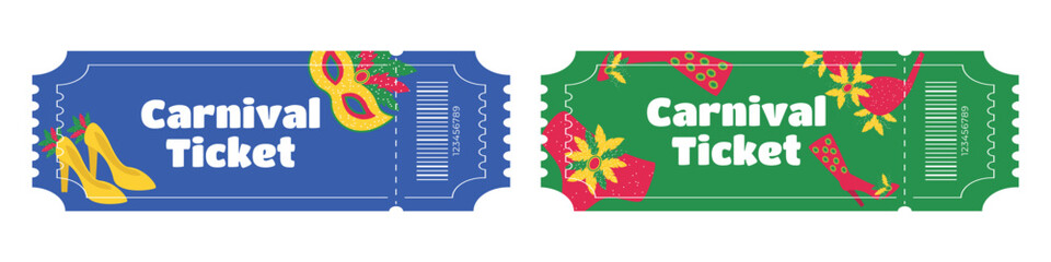 Set of entry tickets for Brazilian Carnival with masks feathers costumes shoes