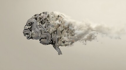 Stylized brain circuit fading into smoke on beige background representing technology and mental health concepts with neural and network and intelligence