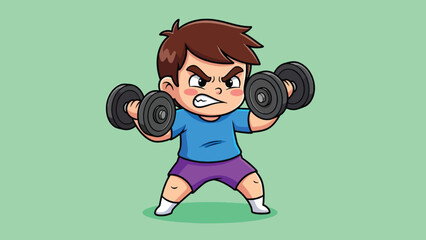 Strong young boy lifting heavy dumbbells with determination.