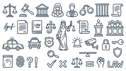 Justice and law icons collection on a white background representing various legal concepts and symbols