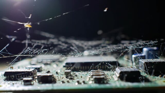 Close-up of dusty and abandoned circuit board covered in cobwebs, suggesting technological obsolescence and hardware decay.