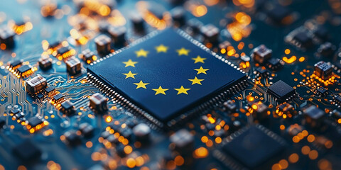 European Union flag on computer microchip in digital environment Generative AI