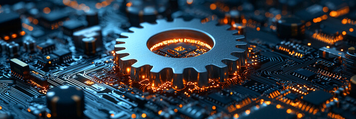 Gear wheel on circuit board with electronic details and design Generative AI