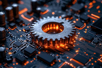 Gear wheel on a circuit board with glowing lights Generative AI