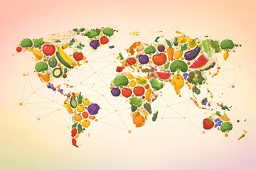 Food access equality world map made of colorful fruits and vegetables showing global food diversity and healthy nutrition concept , World food day concept