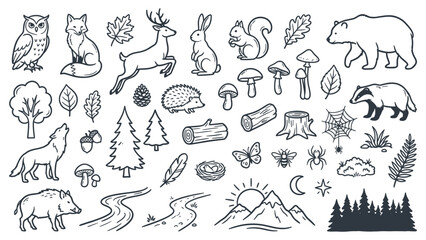 Wild animals and forest elements illustration showcasing nature's beauty and diversity in a simple line art style