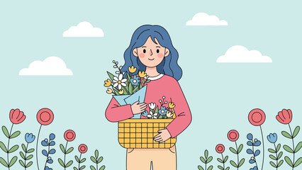 Young woman holding a basket of fresh flowers in a vibrant garden.