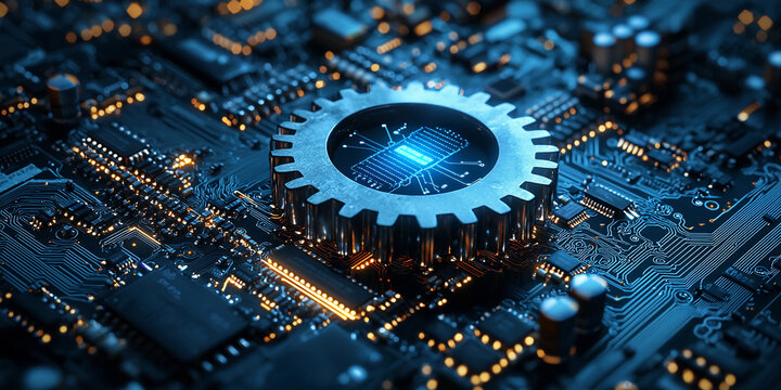 Gear wheel placed on circuit board with electronic components Generative AI - Powered by Adobe