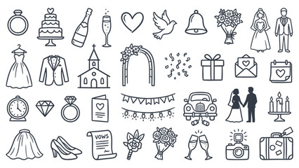 Collection of wedding illustrations including attire, accessories, and ceremony elements in a minimalist line art style