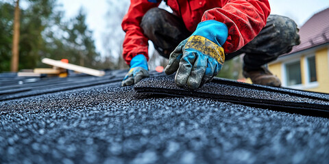 Roofer worker installs roofing materials on a house Generative AI