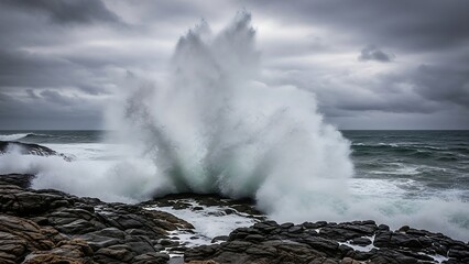 Large wave crashing on rocky coastline.