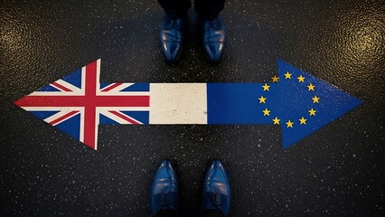 Brexit concept uk and eu arrows pointing in opposite directions on dark floor, symbolizing separation and political division between britain and europe