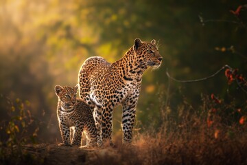 Leopard and cub in serene wildlife habitat, showcasing beautiful spotted fur, natural surroundings, and captivating wilderness adventure photography.