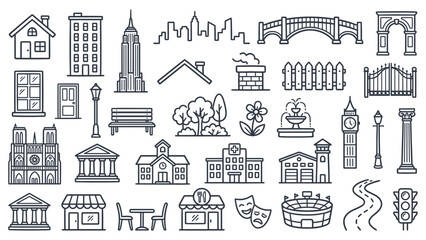 Collection of architectural illustrations featuring landmarks, monuments, and buildings in a minimalist style