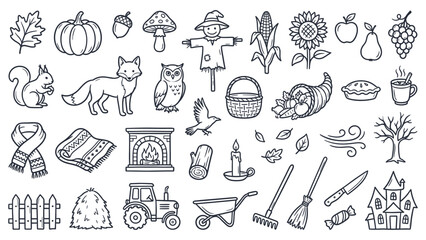 Black and white illustrations of farm animals and gardening tools in a rural landscape viewed from above.