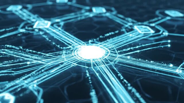 Glowing network hub digital circuit blue neon data connection technology infrastructure futuristic data network blockchain node digital document hexagonal grid blue glowing interface cyber security
