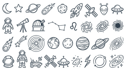A collection of space-themed illustrations showcasing planets, stars, and spacecraft in a minimalist style