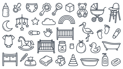 Collection of baby-related icons including nursery furniture and baby care items in a minimalist style
