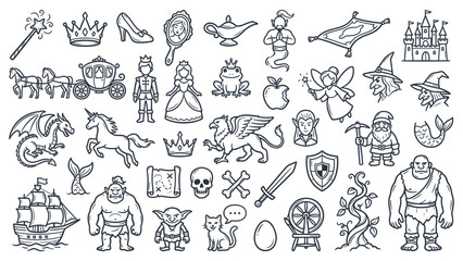 A collection of fantasy and medieval illustrations including mythical creatures and legendary characters in a simple line art style