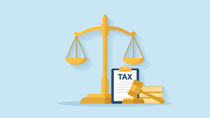 Justice scales, tax document, gavel, and books representing law and finance