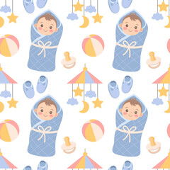 Seamless pattern with cute baby boy in blanket and baby items. Childish background, print.