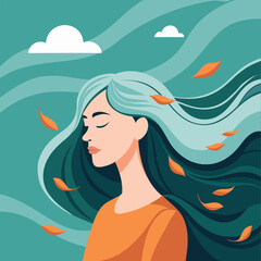 Calm woman profile with flowing hair and falling autumn leaves. Illustration.