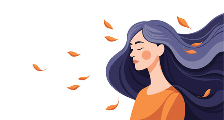 Woman profile with flowing hair and falling autumn leaves. Illustration.