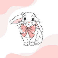 Cute white rabbit with pink bow in an abstract background. Line art illustration.