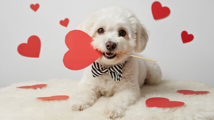 A cute white fluffy dog holding a red heart for Valentine's Day. Adorable small pet with a striped bow tie lying on a fur rug. Love and affection holiday concept