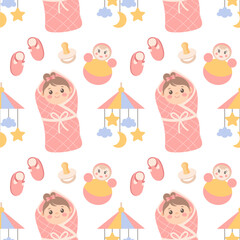 Seamless pattern with cute baby girl in blanket and baby items. Childish background, print.