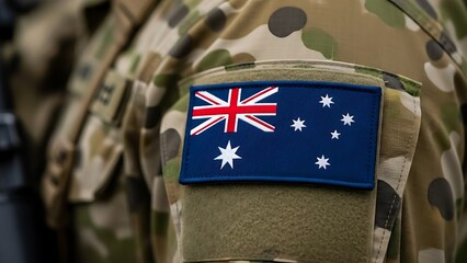 Closeup of the australian flag patch on the camouflage uniform sleeve of an australian defence force soldier during a ceremony or event