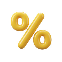 Glossy 3D yellow percent symbol isolated on a white background. Modern plastic style icon representing discount, sale, pricing, interest rate, finance, marketing, promotion, special offer, and