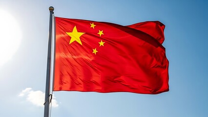 Flag of the peoples republic of china waving in the bright sunny blue sky with a flagpole visible
