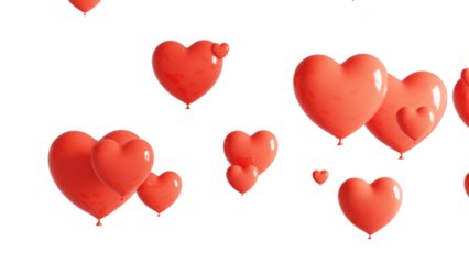 Red glossy heart shaped balloons floating, symbolizing love and romance