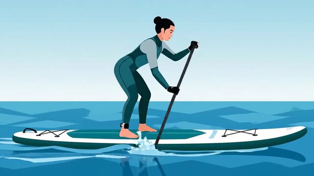 Animated Woman Paddle Boarding, Exploring Ocean Adventure and Aquatic Fitness in Cartoon Style