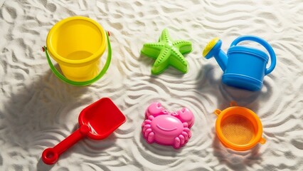 Bright children's beach toys on sand, flat lay. Space for text