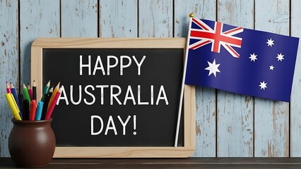 Happy australia day message on chalkboard with australian flag and colored pencils on wooden background