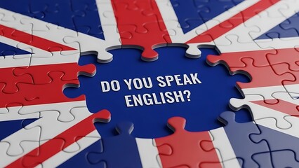 Jigsaw puzzle of the british flag with a missing piece asking do you speak english concept for language learning and communication