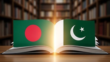 Open book displaying flags of bangladesh and pakistan in a library setting symbolizing bilateral relations and education