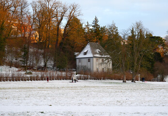 Weimar, Germany famous Goethe garden house at the Ilmpark in winter with snow