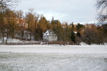 Weimar, Germany, famous Garden house of Goethe in the snow covered Ilm park