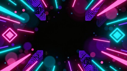 A bright colorful disco lights loop glows on a blue background stage for a festive party celebration design featuring a dark night music space with shining star glow and blur decoration