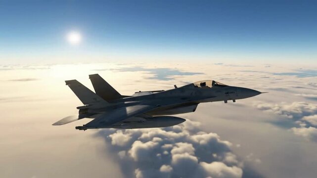 Military jet soaring through clouds with sun in background