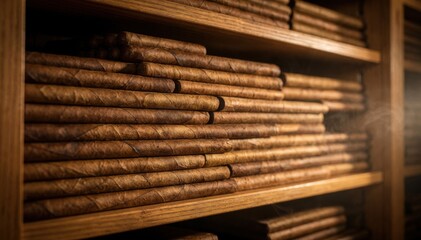 Medium shot of wooden shelves filled with rows of cigars aging steadily in a climatecontrolled room highlighting natural textures and warm tones.