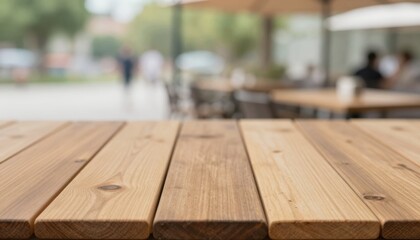 Inviting sunlight streaming through blurry background of empty natural wood tables creating a warm atmosphere in an idyllic  setting capturing serenity and comfort