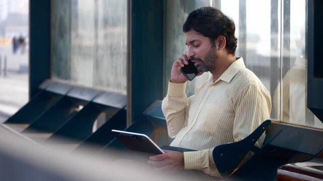 Daylight outdoor close up shot of a bearded workaholic middle-aged Indian Asian man or corporate office male sitting at a bus stop and busy working on a laptop and talking on a mobile phone