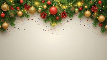 Festive Christmas background featuring a green fir tree decorated with red and gold ornaments, pine branches, and holiday baubles for a merry winter celebration